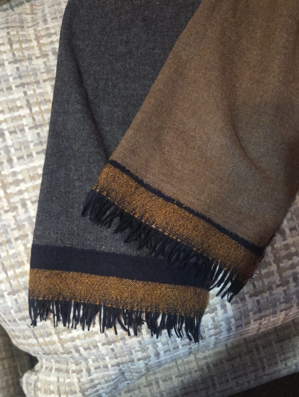 Barena Two-Tone Wool Scarf in Brown and Charcoal with Grey Accent.